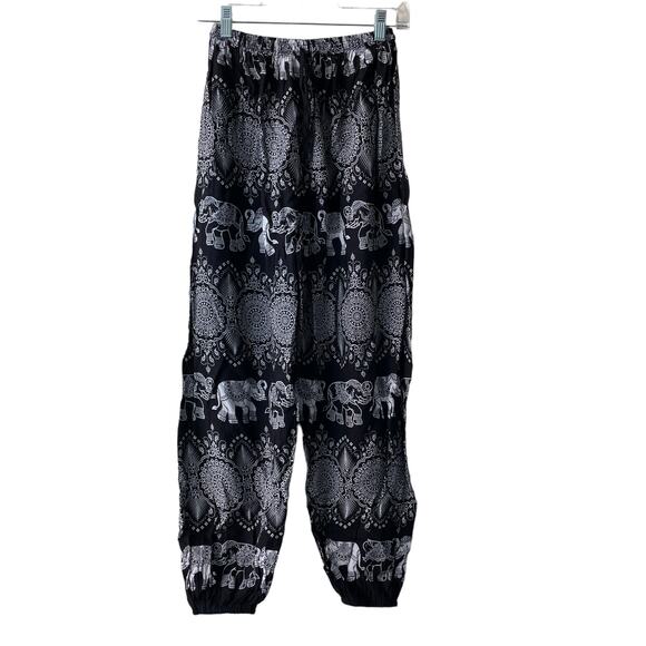 Bamboo House Black & White Drawstring Elephant & Paisley Print Harem Pants - Picture 1 of 10